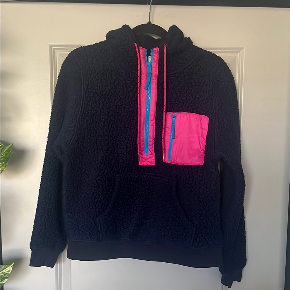 Vintage Jcrew Dark blue with Pink accents Sherpa Pullover.